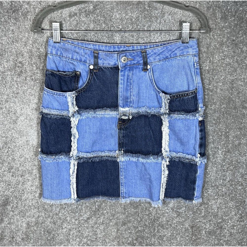 Ragged Priest Patchwork Fray Mini Jean Skirt Womens Size Small Blue Pockets‎